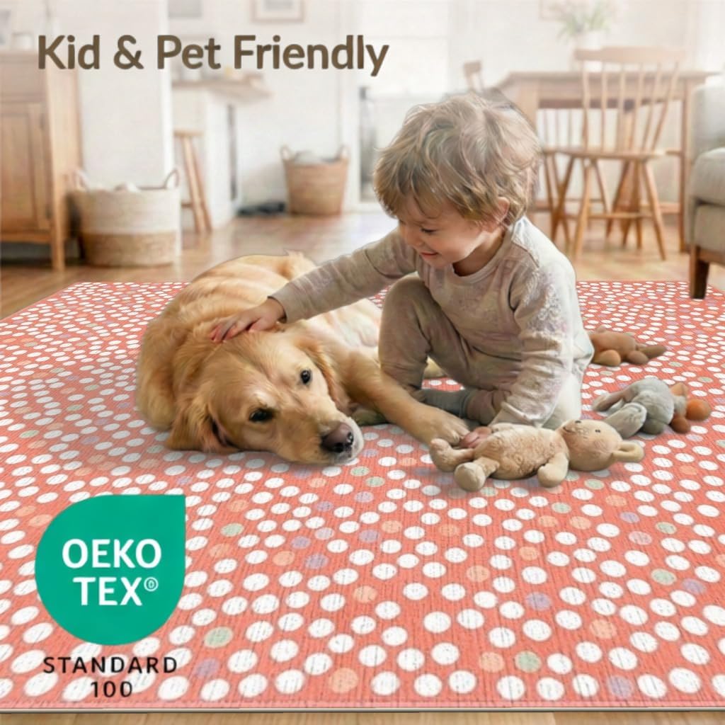 5'x7' Washable Flatwoven Rug, Salmon Modern Polka Dot Stain Resistant Area Rug for Guest Room, Lounge, Apartment, Non-Slip Low Profile Floor Covering | Ref:2114930
