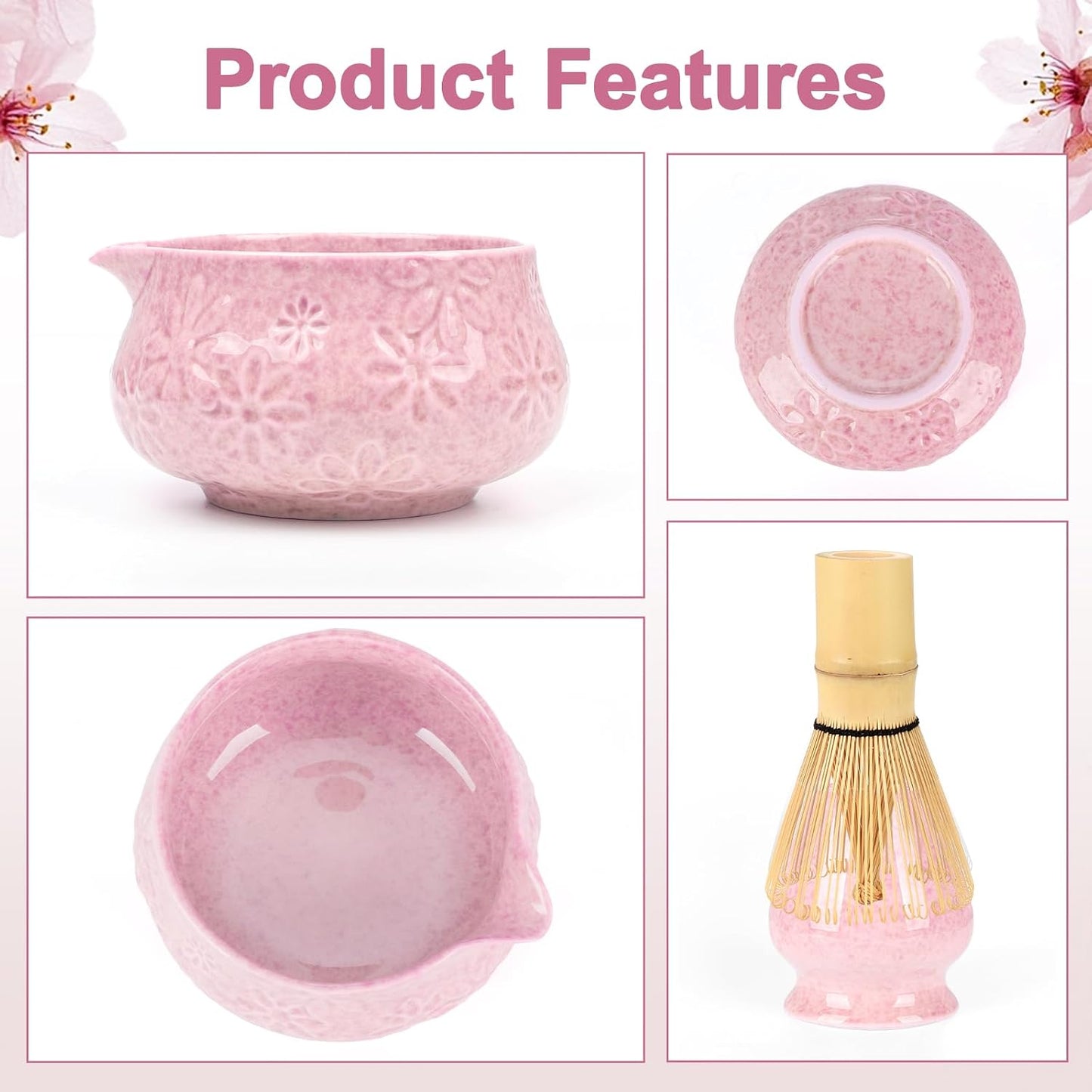 Pink Ceramic Matcha Set with Bowl, Whisk & Sifter Tool - Complete Starter Kit for Tea Lovers, Gifts for Women (Pink)