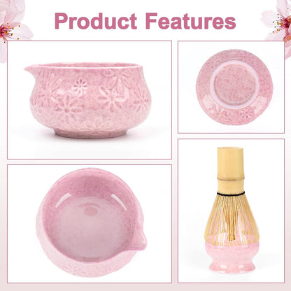 Pink Ceramic Matcha Set with Bowl, Whisk & Sifter Tool - Complete Starter Kit for Tea Lovers, Gifts for Women (Pink)