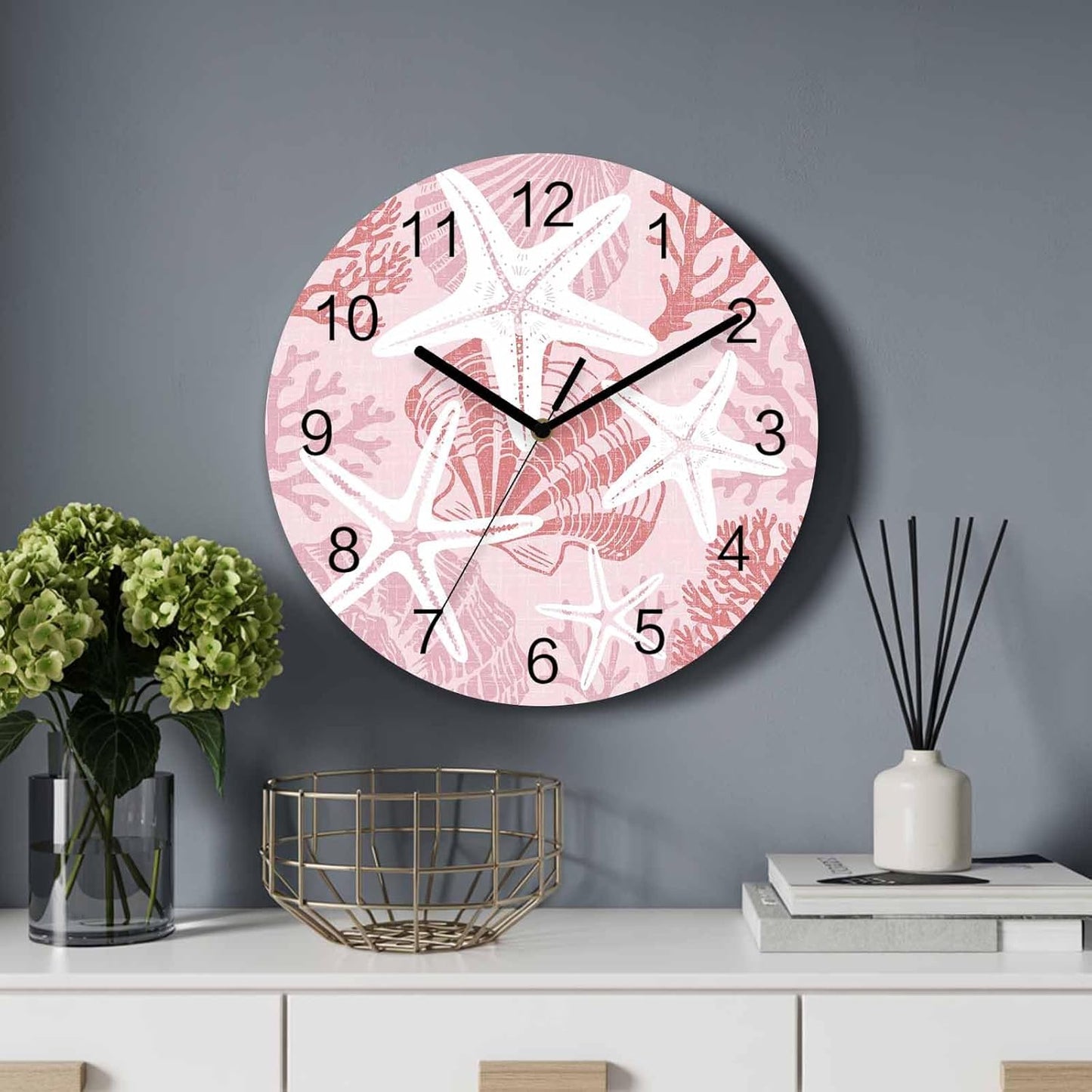 Starfish Wall Clock Battery Operated Non-Ticking 10" Round Wood Clocks, Coastal Starfish Sea Snail Coral Plaid Pink Kitchen Wall Clock for School Bathroom Living Room Home Office Wall Decor