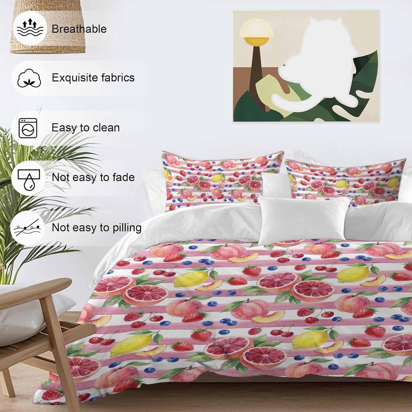 Summer Peach Lemon Grapefruit Comforter Set Cal King, Blueberry Strawberry Pink Stripe Soft Bedding Set for Man Woman, 4 Pieces Duvet Cover Set with Fitted Sheet, 2 Pillowcases
