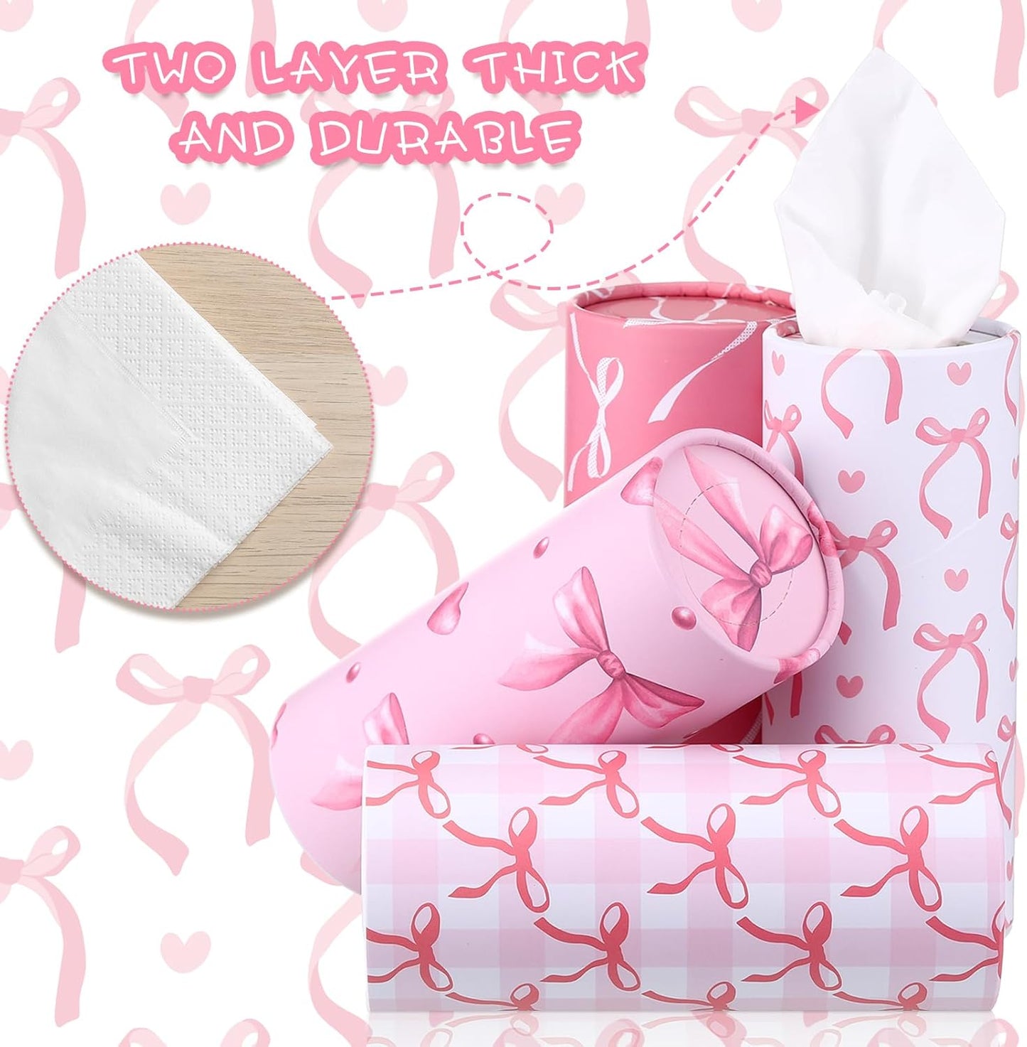 4 Pack Car Tissue Holder with Facial Tissues Travel Tissue Tubes Box Round Cylinder Container for Car Cup Holder Home Bathroom Office Wedding Gifts Decor(Pink Bow)