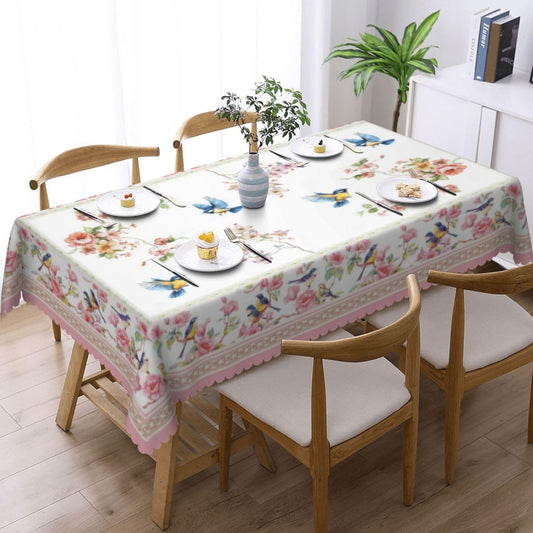 Spring Floral Tablecloth, Seasonal Flower Bird Pink Vintage Elegant Boho Watercolor Water Resisitant Wipeable Table Cover for Dining Kitchen Living Room Home Party Holiday Decor 60x108 inch Rectangle