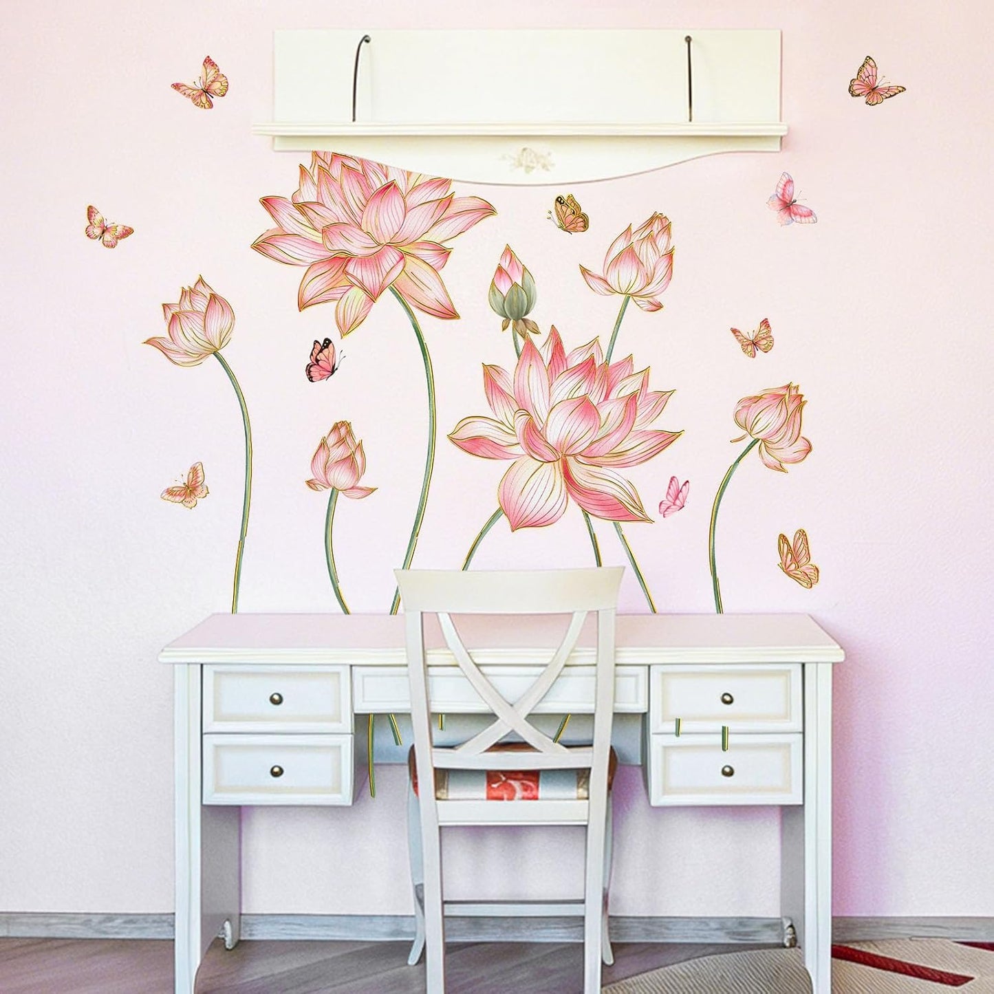 Gold Flower Wall Decals Blue Pink Floral Wall Sticker Creative Lotus Peel and Stick Removable Wall Art Decor for Living Room Bedroom Home Office (PinkLotus)