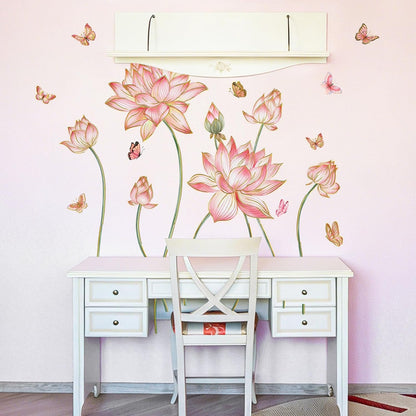 Gold Flower Wall Decals Blue Pink Floral Wall Sticker Creative Lotus Peel and Stick Removable Wall Art Decor for Living Room Bedroom Home Office (PinkLotus)