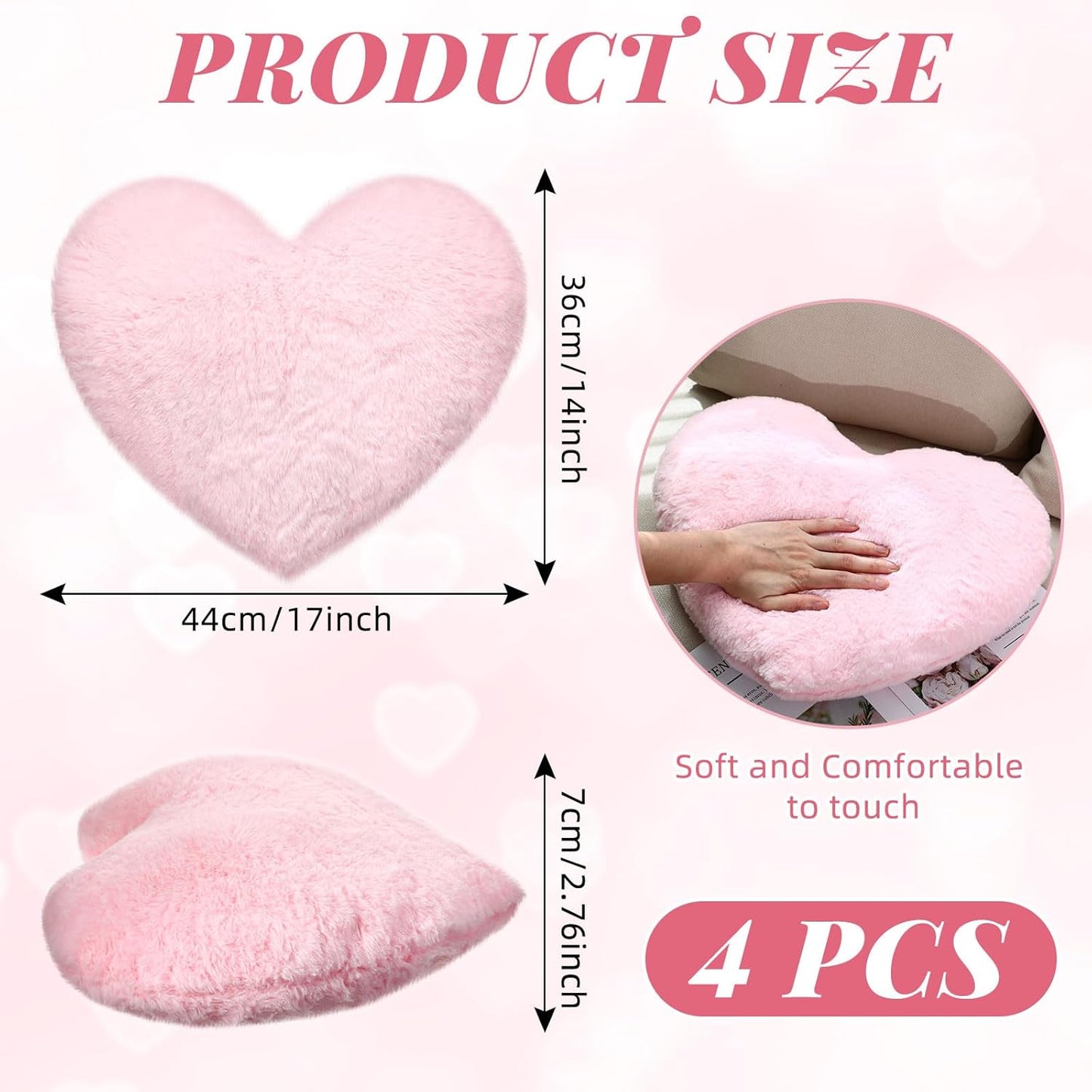 Remerry 4 Pcs Heart Pillows Valentines Pillows Decorative Throw Pillow Fluffy Throw Cushion for Bedroom Bed Sofa Kid Girls Sleepover Part(Pink)