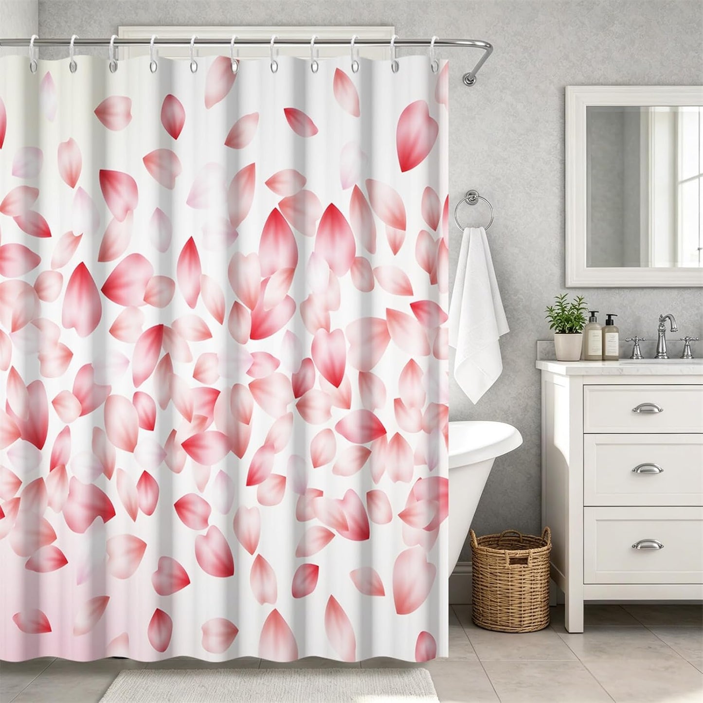 Cherry Blossom Petal Shower Curtain, Light Pink and White Floral Girly Aesthetic Shower Curtains for Bathroom, Farmhouse Waterproof Polyester Bathtub Curtain Set with 12 Hooks, 72x72 Inches