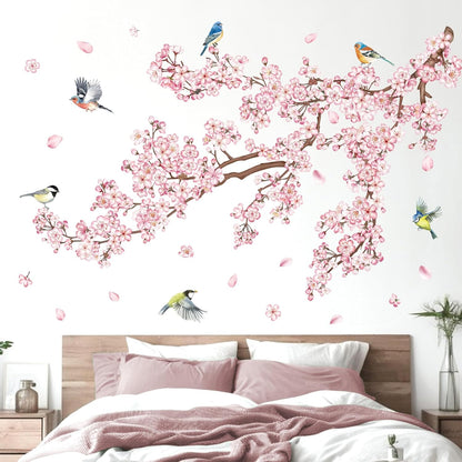 decalmile Large Cherry Blossom Tree Branch Wall Decals Pink Flower Vine Birds Wall Stickers Girls Bedroom Living Room Nursery Wall Decor