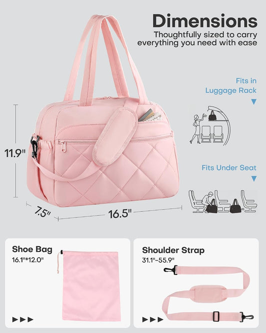 HOTOR Gym Bag for Women - Lightweight Travel Duffle Bags with Wet Pocket & Separate Shoe Bag, Multi-Pocket Carry on Weekender Duffel for Sports, Fitness, Overnight Trip, Pink, 16.5" x 7.5" x 11.9"