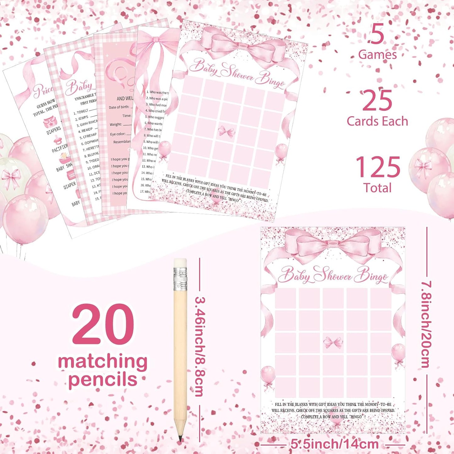Meooeck 145 Pieces Baby Shower 5 Game Set Baby Shower Games for Party Include Descriptions, Wishes, Guessing Who, Bingo Games(Pink Bow)
