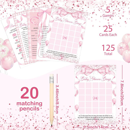 Meooeck 145 Pieces Baby Shower 5 Game Set Baby Shower Games for Party Include Descriptions, Wishes, Guessing Who, Bingo Games(Pink Bow)