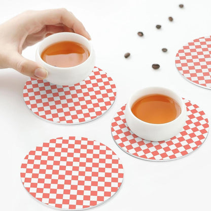 Pink and White Checker Pattern Drinks Coasters Set of 4 Leather Drink Coasters for Tabletop Protection Heat Resistant Bar Cup Mat Pad