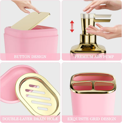 Bathroom Set - 11PC Bathroom Accessory Set, Bathroom Accessories Set, Pink Bathroom Set, Push-lid Trash Can, 3PC Soap Dispensers, Toilet Brush & Q-tip Holders