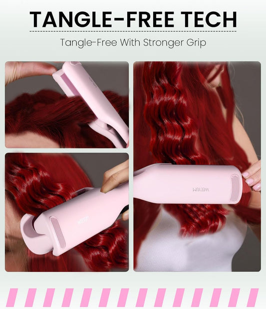 1 1/4 Inch Hair Waver Crimper,Cimper Tool Hair Crimper Waver,Deep Wave Iron with 2 Ceramic Barrel,Pink