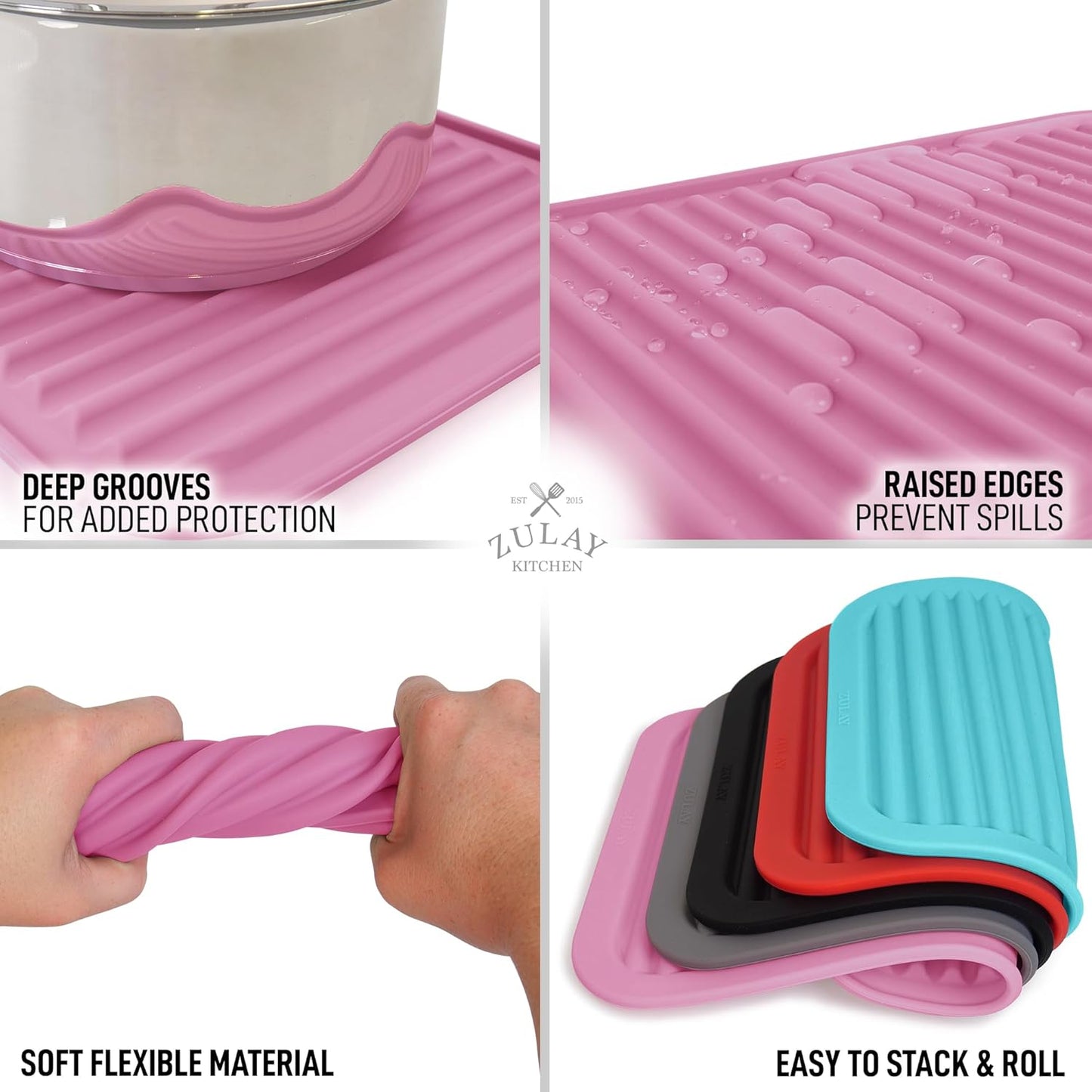 Zulay 2-Pack 9"x12" Silicone Trivets for Hot Pots & Pans – Heat-Resistant, Non-Slip Trivet Mats – Durable, Flexible, Multi-Purpose Hot Pads for Kitchen Counter & Table - Pink