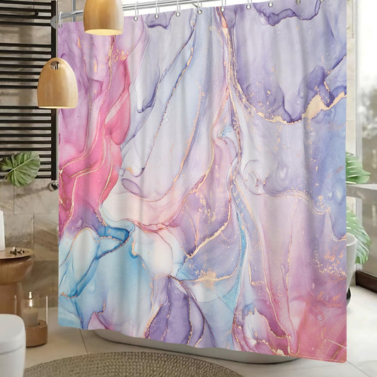 Purple Pink Marble Shower Curtain Abstract Modern Ink Texture Colorful Bathroom Curtain Set Gold Stripes Ombre Art Decor Waterproof Fabric Curtains with Hooks 72x72 inch