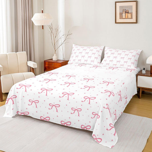 Erosebridal Pink Bow Girls Bed Sheets Queen Coquette Bows Sheet Set Ribbon Bowknot Bedding Set for Kids Girls Boys Adults Girly Preppy Dreamy Princess Fitted Flat Sheets 4 Piece