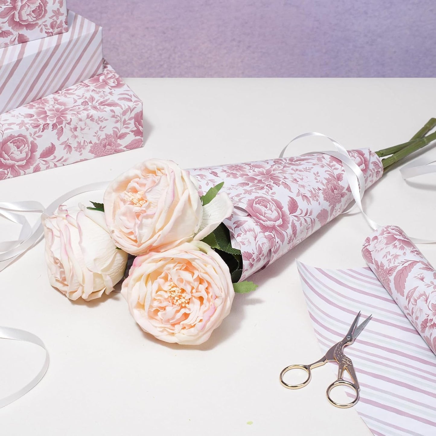 LaRibbons Pink Floral Wrapping Paper - Mini Roll, Reversible Chinoiserise Peony Flower & Striped Gift Wrap for Bridal Shower, Valentine's Day, Baby Shower, Wedding & Mother's Day, 17 Inch x 33 Feet