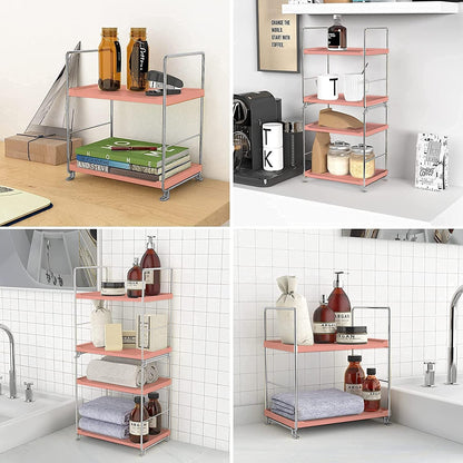 Cosmetic Storage Rack for Bathroom Countertop, 2-Tier Standing Shelf for Kitchen Organizer, Stackage Perfume and Bath Collection Organizer Tray (Pink&Silver)