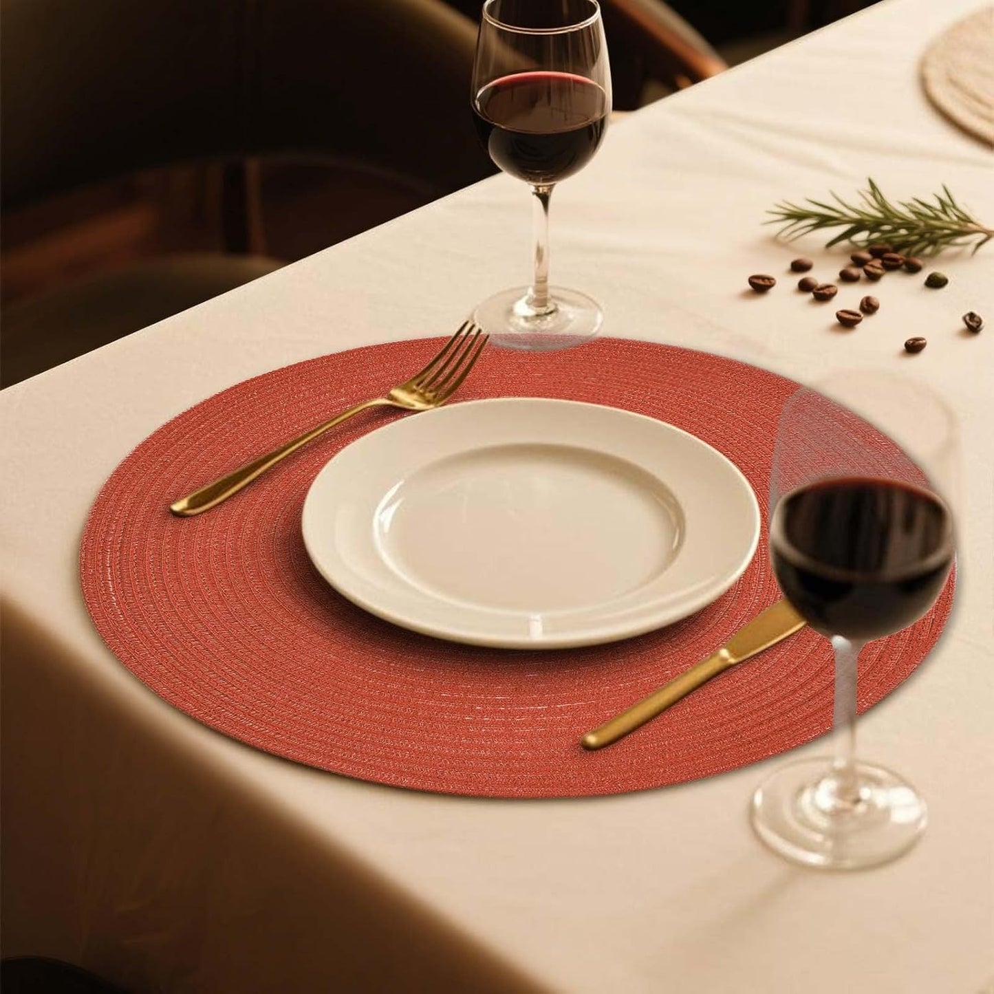 FunWheat Round Braided Placemats Set of 6 Place mats for Dining Tables Woven Heat Resistant Table Mats 15 inch (Dark Orange)