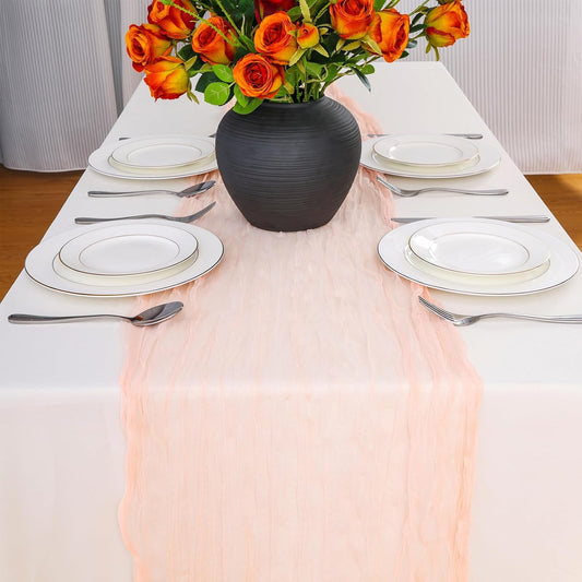 Coral Peach Spring Summer Cheesecloth Table Runner 35 x120 inches Rustic Gauze Boho Cheese Cloth Table Runner for Wedding Bridal Shower Baby Decoration