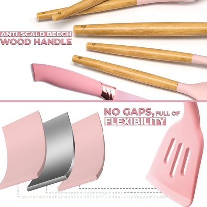 19 PCS Pink Silicone Cooking Utensils Set with Wooden Handle & Knife Set Block, Heat-Resistant Spatula, Spoon, Ladle, Whisk with Holder – BPA Free, Silicone Kitchen Utensil Set for Cooking & Baking