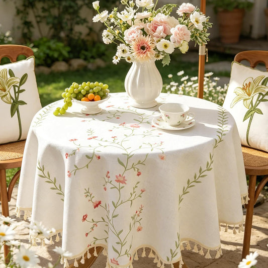 Laolitou Pink Floral Summer 55" Round Tablecloth (Fits 30-43" Table), Embroidery Heavy Duty Cotton Linen Table Cloth, Farmhouse Rustic Waterproof Wrinkle Free Tablecloths with Tassels, Pink Flower