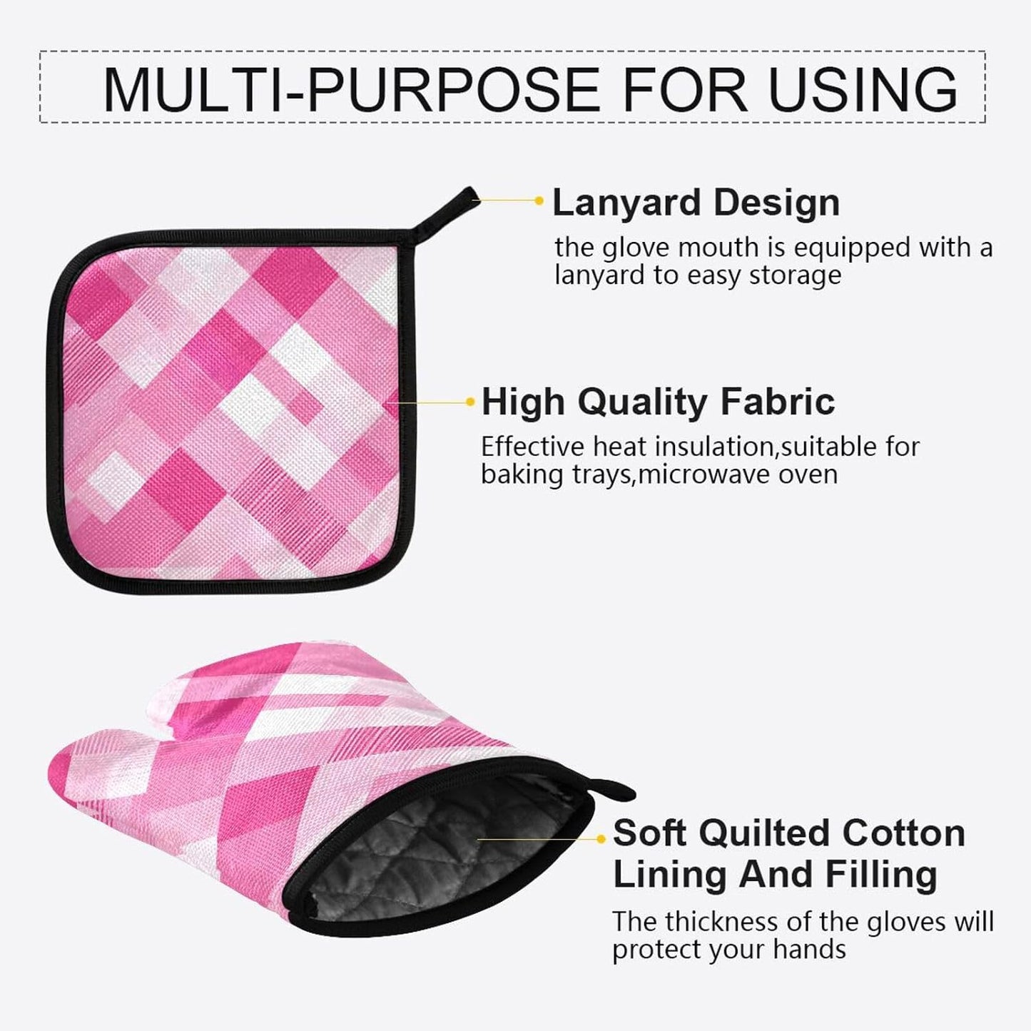 Light Pink Checkered Plaid Oven Mitts and Pot Holders Set for Cooking Baking Kitchen Decor