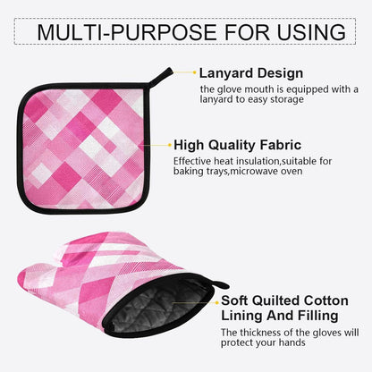 Light Pink Checkered Plaid Oven Mitts and Pot Holders Set for Cooking Baking Kitchen Decor