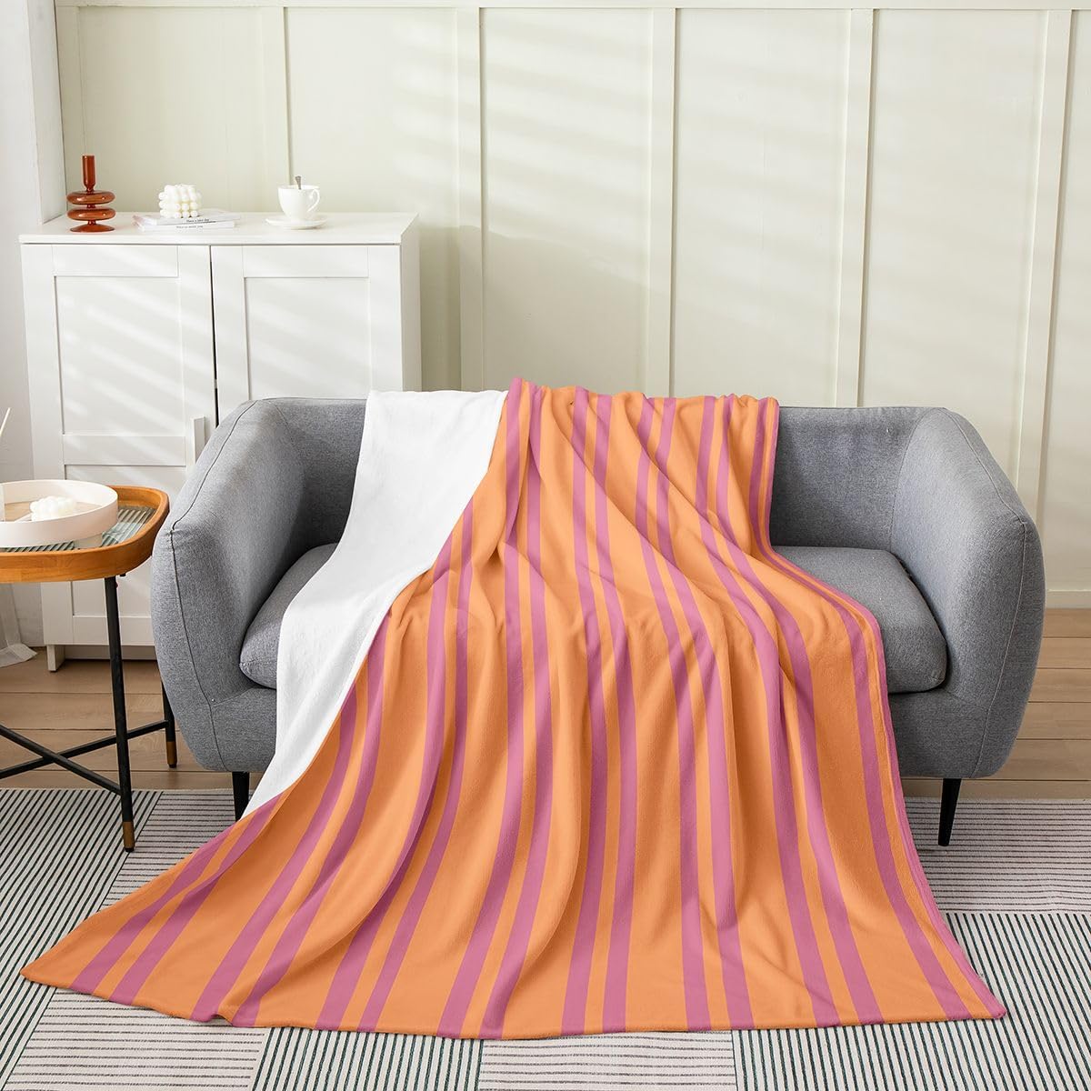 Erosebridal Peach Orange Modern Lines Flannel Blanket Queen 90x90 Inch for Kids Teens Adults | Abstract Striped Fleece Blanket Retro Vertical Stripe Fuzzy Plush Throw Minimalist Stripes Pattern Decor