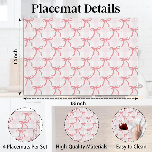 Pink Plaid Bow Placemats Set of 4, Washable Heat Resistant Placemats Kitchen Table Mats,12x18 Inch Place Mats for Home Restaurant Farmhouse, Indoor Outdoor Party Table Decoration -A05