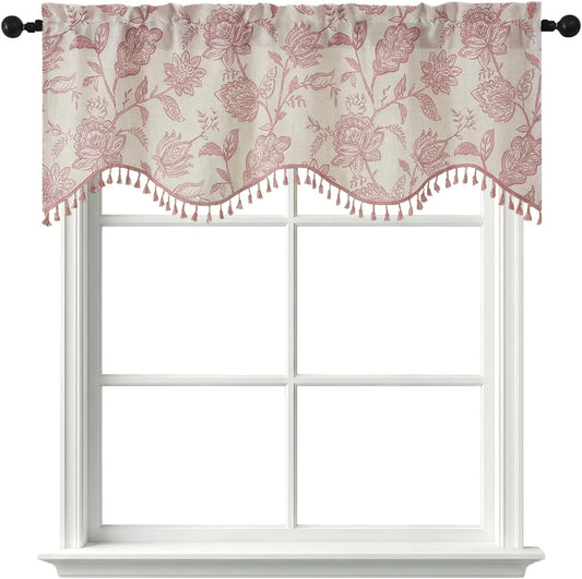Scalloped Valance for Windows - Faux Linen Floral Printed Valance with Tassels, Light Filtering Farmhouse Flower Short Curtain for Bathroom Bedroom, 1 Piece, 52Wx18L Inches, Blush Pink