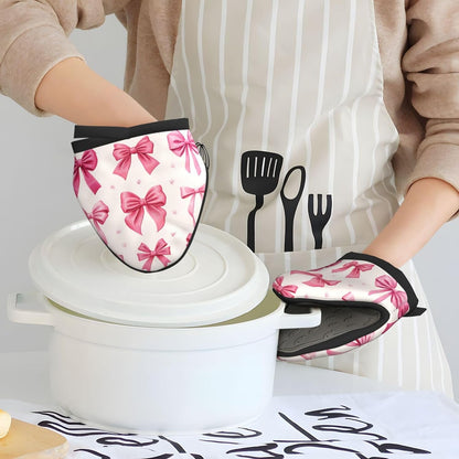 Light Pink Bows in Three Rows Mini Silicone Oven Mitts Heat and Slip Resistant Kitchen Mittens,Short Oven Gloves for Safe Cooking Baking & Grill,5.9"X5.9"