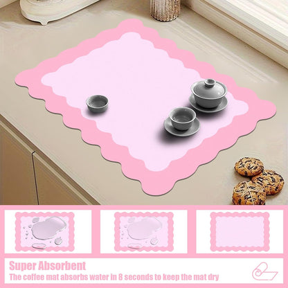 Scalloped Coffee Bar Mat for Countertop, Cute Dish Drying Mats for Kitchen Counter, Diatomite Absorbent Mat for Coffee Station, Kitchen Aesthetic Decor (12"x19", Pink)
