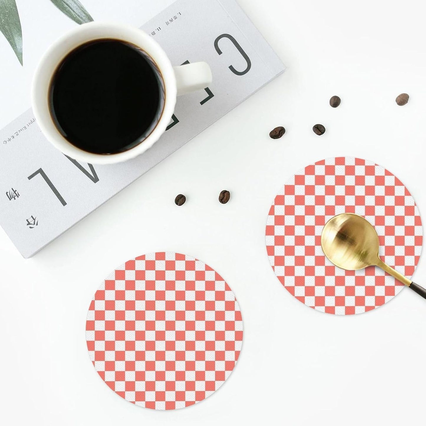 Pink and White Checker Pattern Drinks Coasters Set of 4 Leather Drink Coasters for Tabletop Protection Heat Resistant Bar Cup Mat Pad