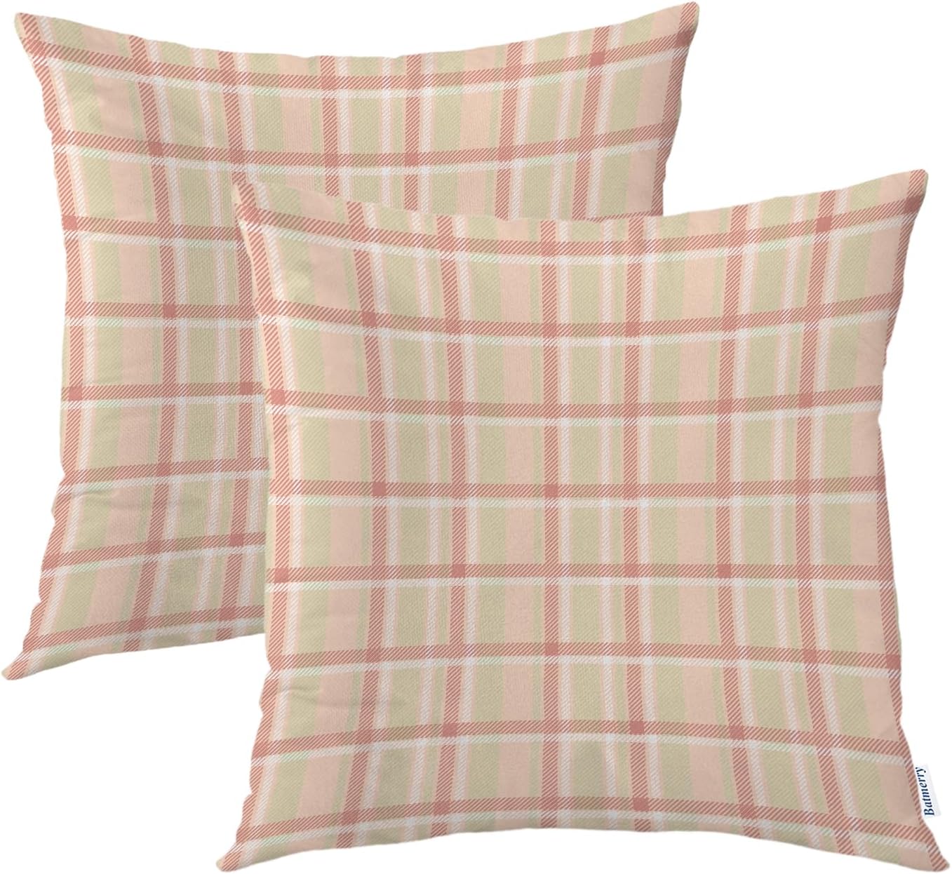 Batmerry Pastel Coral Peach Outdoor Throw Pillow Covers, Pink Tartan Plaid Abstract Apricot Indoor Pillows Digital Printing Water Resistant Linen for Couch Sofa Bed Invisible Zipper 16X16 in