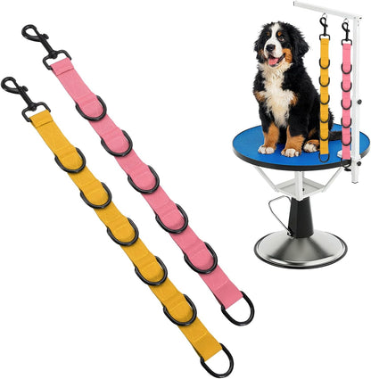Pet Dog Grooming Loops, Adjustable Nylon Table Arm Extender Belly Strap with 6 Black D-Rings Restraint Leash(Pink/Yellow, 2Pcs), Intended for Fixed Dog Bathing Hair Cutting