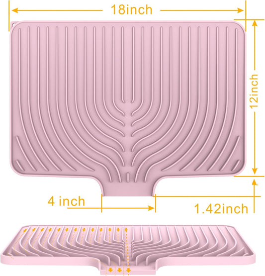 Silicone Drying Mat for Kitchen Counter , Dish Drying Rack Matt with Built in Drain, 18 Inch Dry Mats for Dishes Drying Pad for Kitchen Counter (18×12inch, pink)