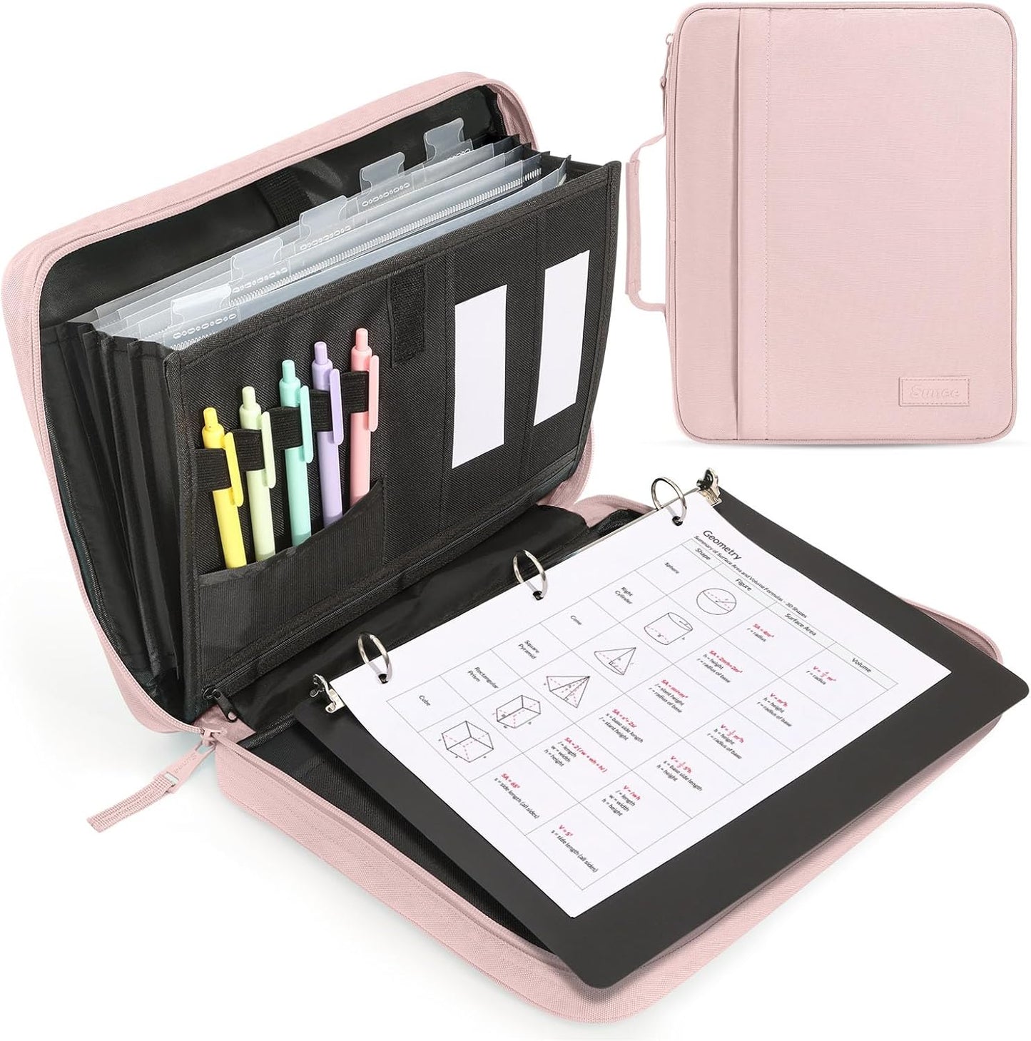 SUNEE Zipper Binder 1 Inch, Removable 3-Ring Binder, 175-Sheet Capacity, 5-Tab Dividers Expanding File Folder, Small Binder Bag Organizer Storage for Student School Classroom Supplies, Pink Lotus