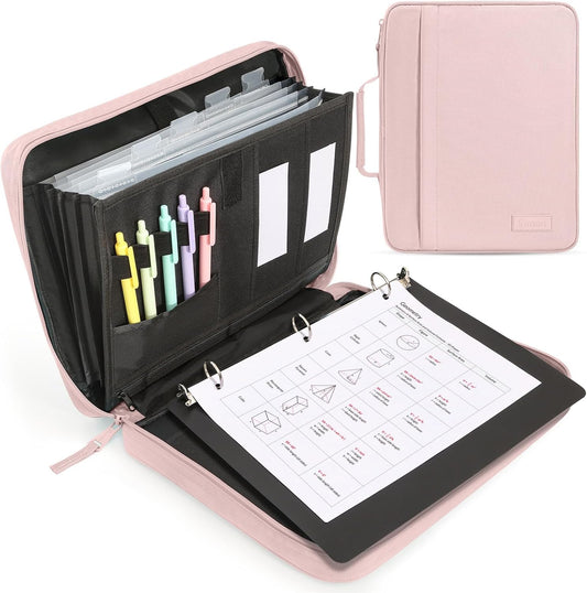 SUNEE Zipper Binder 1 Inch, Removable 3-Ring Binder, 175-Sheet Capacity, 5-Tab Dividers Expanding File Folder, Small Binder Bag Organizer Storage for Student School Classroom Supplies, Pink Lotus