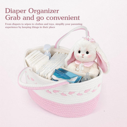 Diaper caddy Organizer, Cotton Rope Gift Basket with Removable Divider, Nursery Storage Organizer for Baby Essentials, Changing Table Diaper Storage Caddy (Pink)