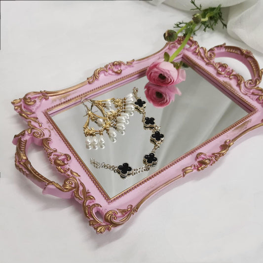 Small Rectangle Decorative Mirror Tray, French Style, Makeup Organizer, Jewelry Organizer, Serving Tray, 13"x 7.8", Golden Pink