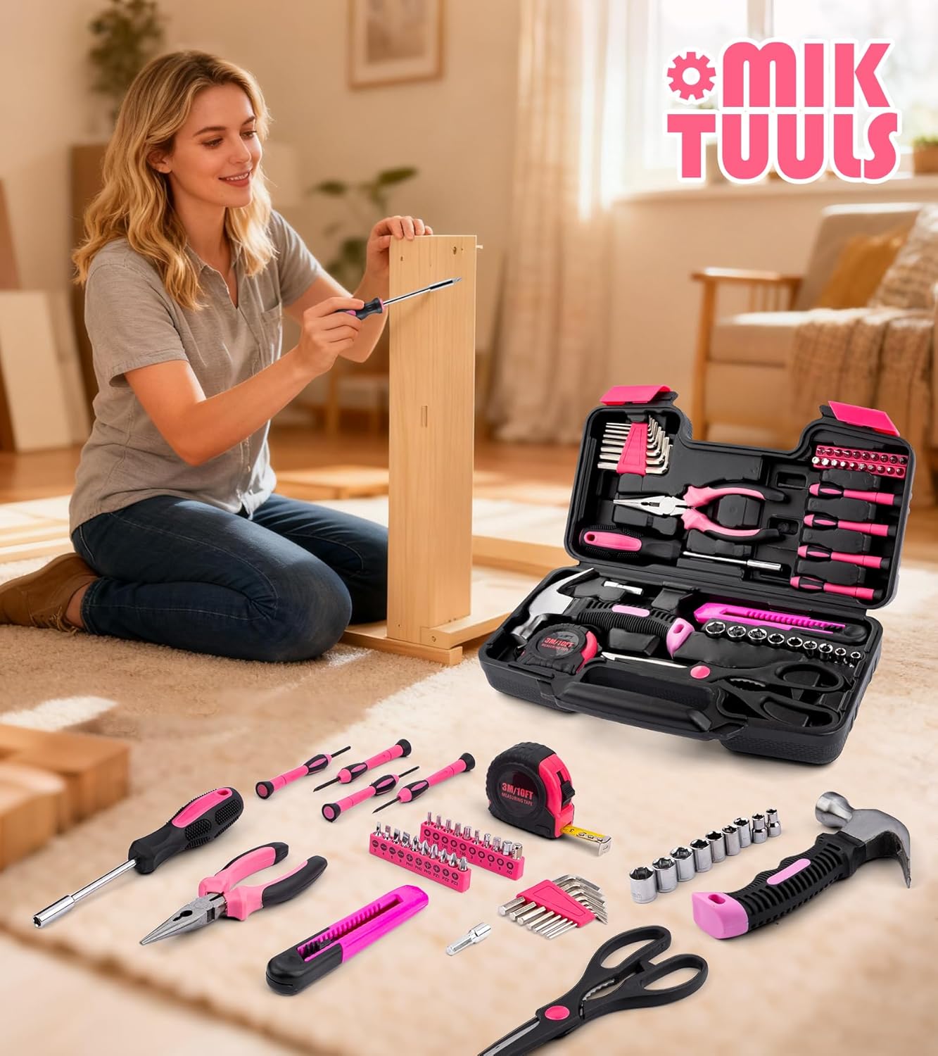 Tool Set 49PCS, Small Tool Kit, All Purpose Small General Household Tool Box for Home/Office/College Repair, DIY, Ideal Gift Choice, Pink