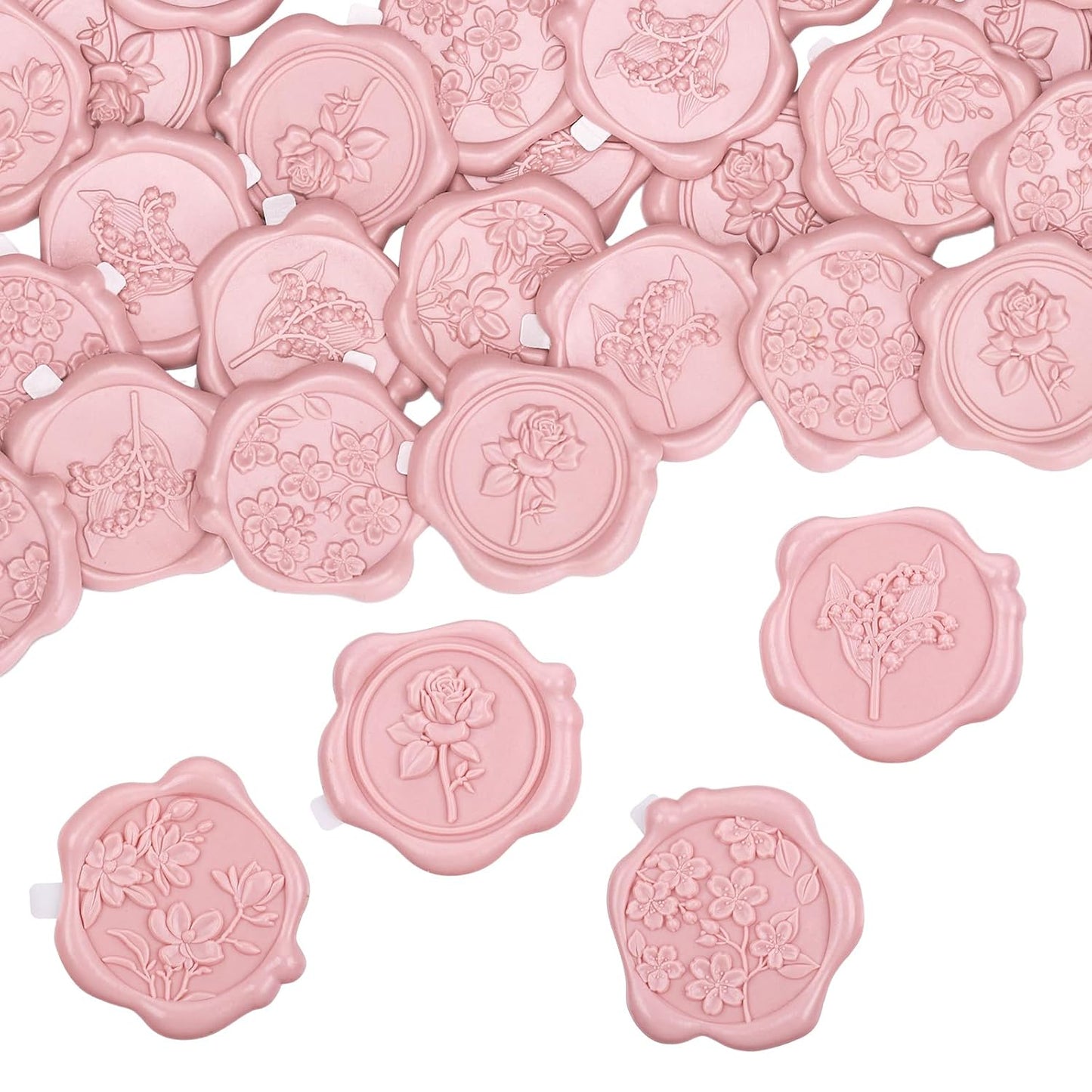 60Pcs Wax Seal Stickers, Wedding Invitation Envelope Seal Stickers Adhesive Backed Blush Pink for Wedding, Party,Valentine's Day,Mother's Day, Gift Wrapping (4 Flower Styles)