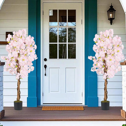 GOFLAME 5FT Artificial Cherry Blossom Tree, 2 Pack Faux Pink Silk Plant with Solid Wood Trunk, Realistic Moss and Nursery Pot, Fake Sakura Flower Tree for Home Office Indoor Decor