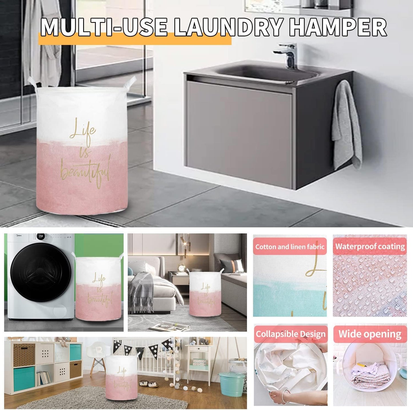 Merdes 19.7’’ Waterproof Foldable Laundry Hamper, Dirty Clothes Laundry Basket, Linen Bin Storage Organizer for Toy Collection (Life Pink)
