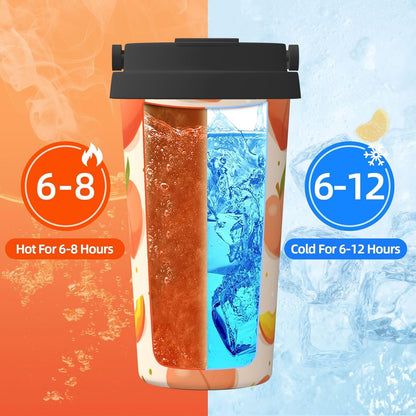 Apricot Peach Fruit Pattern Office Coffee Tumbler | Stainless Steel Travel Coffee Cup Double Wall Insulated Flip Lid Lightweight Portable Driving Mug