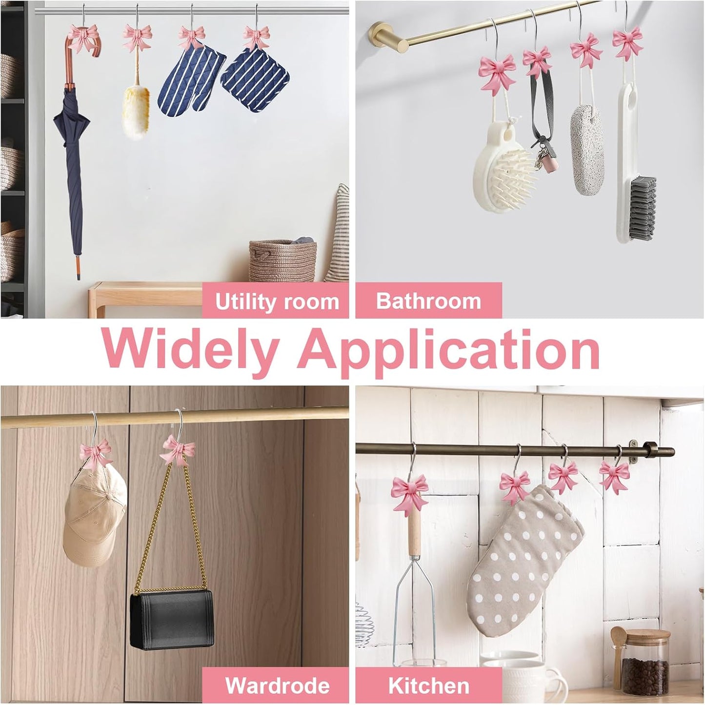 Bow Knot Decorative Shower Curtain Hooks, 12pcs Pink Cute Art Deco Resin Rust Resistant Hooks Glide Shower Ring Hangs Holder Bling for Girl Bathroom Baby Room Nursery