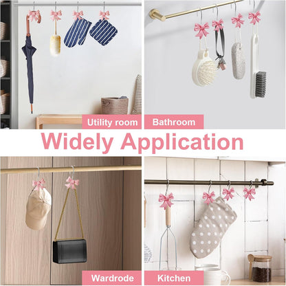 Bow Knot Decorative Shower Curtain Hooks, 12pcs Pink Cute Art Deco Resin Rust Resistant Hooks Glide Shower Ring Hangs Holder Bling for Girl Bathroom Baby Room Nursery