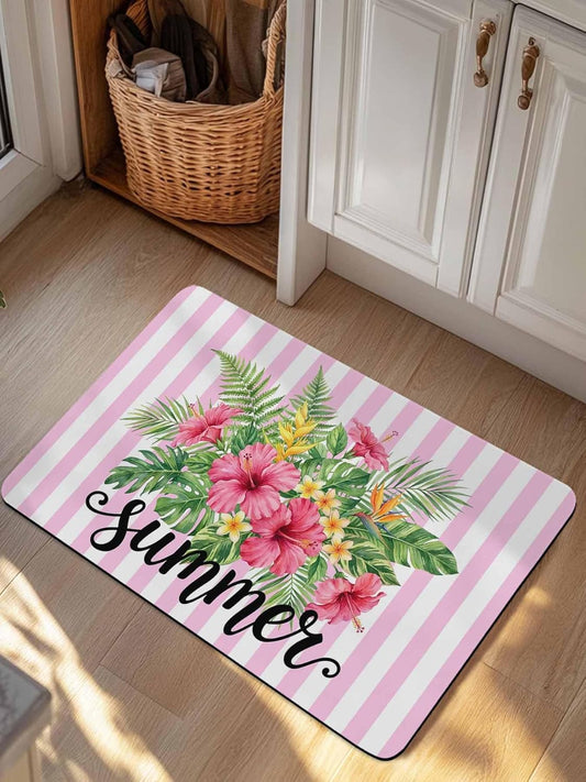 Summer Botanical Doormat Bath Mat Quick Dry Non Slip Rug with Rubber Tropical Plants Pink Stripe Water Absorbing Mat for Bathroom Kitchen Front Door Laundry Room 24" x 16"